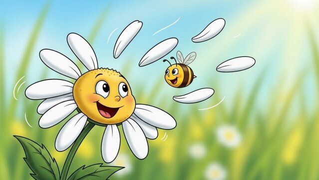 A cheerful cartoon daisy with a smiling face and a flying insect nearby