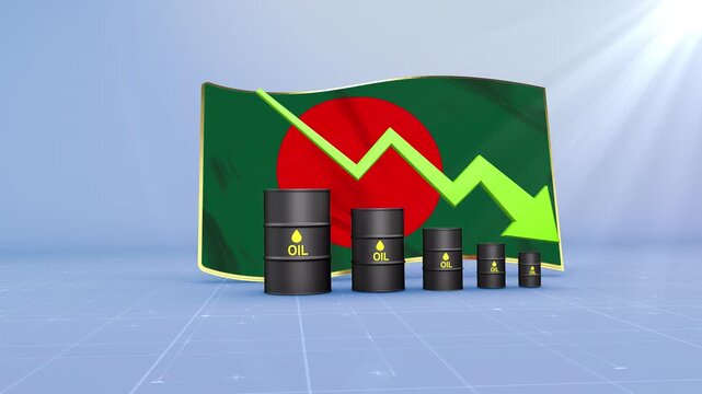 Bangladesh Crude Oil Price Drop with Oil Barrels Downward Green Arrow and 3D Financial Data Visualization Graphs for Economy and Business Concept