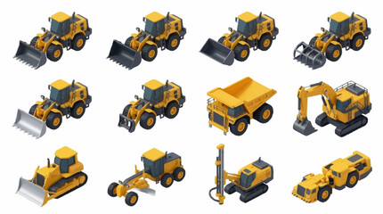 Collection of Yellow Construction Vehicles in Isometric Style. © mbak