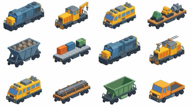 Colorful pixel art collection of various trains and vehicles.