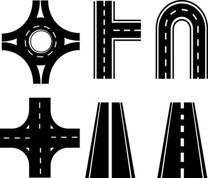 Road intersection and highway perspective silhouette icon set for street traffic junction and map navigation design elements