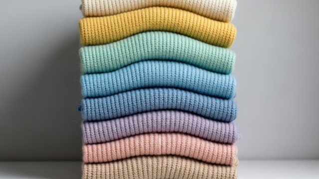 A stack of neatly folded ribbed knit sweaters in a variety of pastel colors