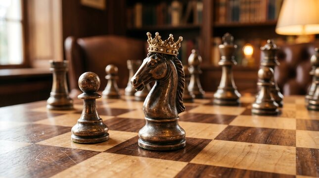 Strategic chess pieces on a wooden board in a study mockup pin mockup enamel mockup packaging mockup mug mockup