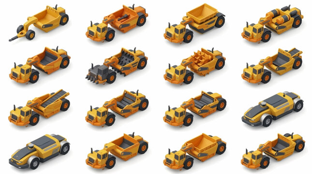 Collection of yellow toy construction vehicles in various styles.