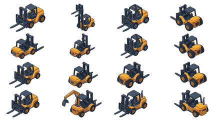 Collection of yellow industrial forklifts in isometric view. © mbak