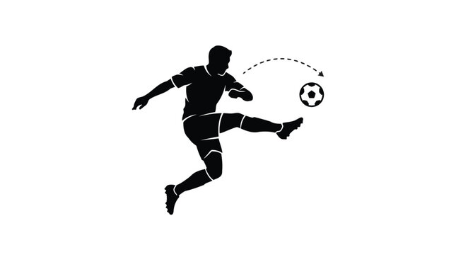 Soccer player kicking ball with arc trajectory arrow vector graphic