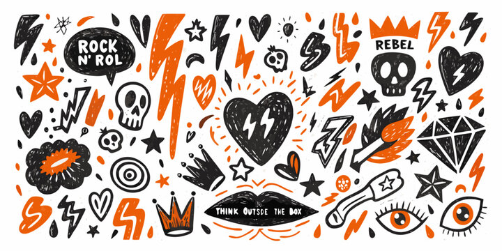 Punk Rock Doodle Pattern With Skulls Hearts And Lightning Bolts