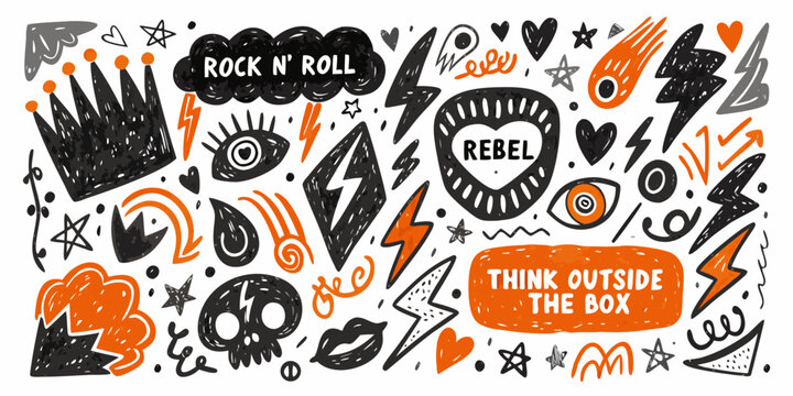 Punk Rock Doodle Pattern With Skulls Lightning Bolts And Handwritten Text