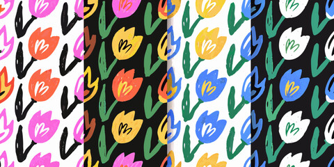 Colorful tulip floral ornament pattern with hand drawn brushstroke style © Hemlata