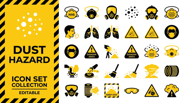 Industrial dust hazard safety icons with masks and lungs