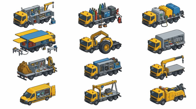 Collection of yellow construction and utility vehicles in isometric style.