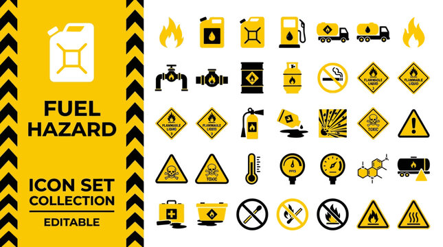 Fuel hazard icon set featuring flammable and toxic safety symbols