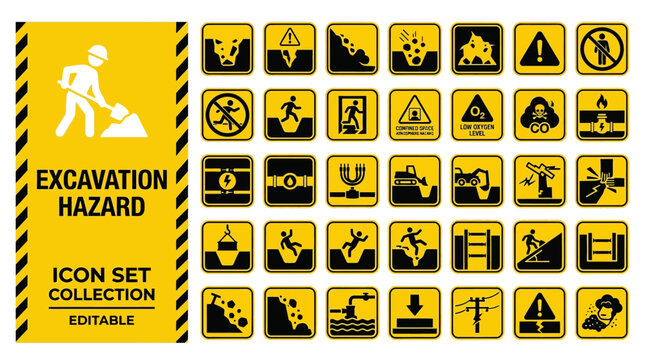 Excavation hazard warning icon set for construction site safety