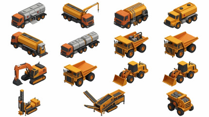 Collection of orange construction vehicles and heavy machinery. © mbak