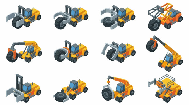 Collection of colorful construction vehicles in isometric style.