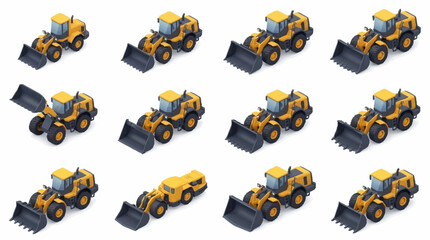 Yellow construction bulldozers in multiple orientations. © mbak