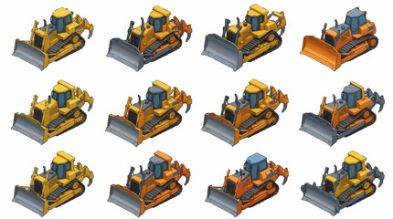 Yellow Construction Bulldozers in Multiple Angles and Poses. © mbak