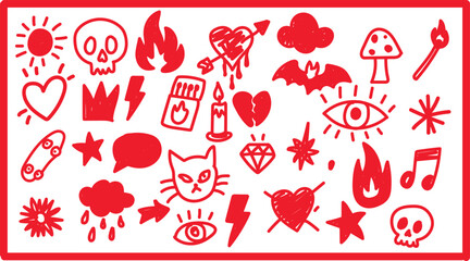 Vibrant red striking alternative pop art doodles bundle isolated on white background, crimson red spooky gothic icons chart for high priority promotional graphic assets © Asif stock