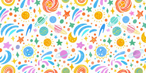 Cosmic doodle pattern with planets stars and celestial bodies © Hemlata