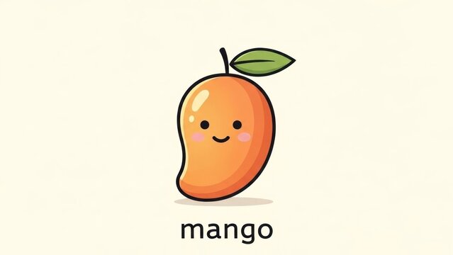 A cute cartoon mango with a smiling face and green leaf on a pale background