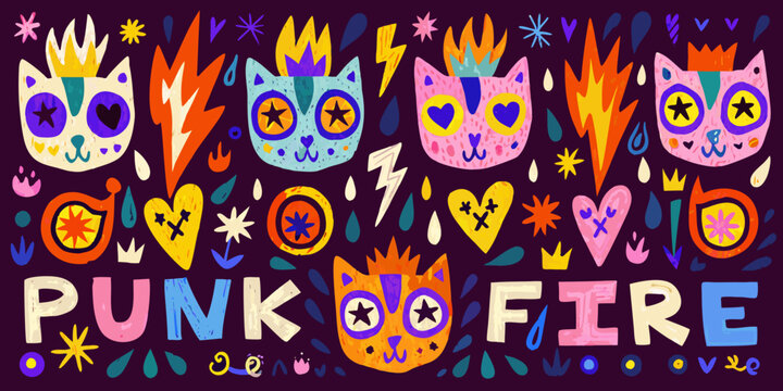 Colorful Punk Style Cat Doodle Pattern With Flames And Stars