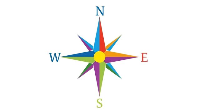 A colorful compass rose with eight directional lines and cardinal directions