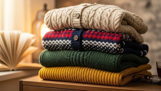 A stack of neatly folded sweaters on a wooden table indoors