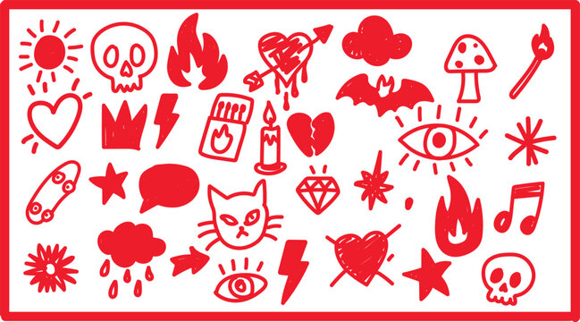 Vibrant red striking alternative pop art doodles bundle isolated on white background, crimson red spooky gothic icons chart for high priority promotional graphic assets