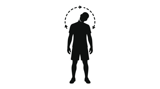 Soccer player doing neck stretching exercise with rotation arrows