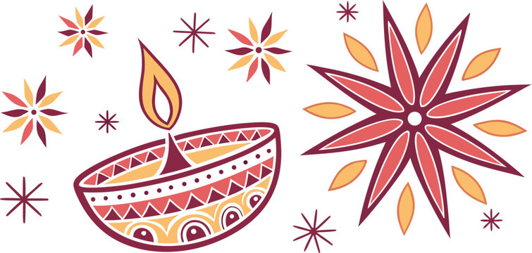 Diwali diya lamp and rangoli pattern illustration