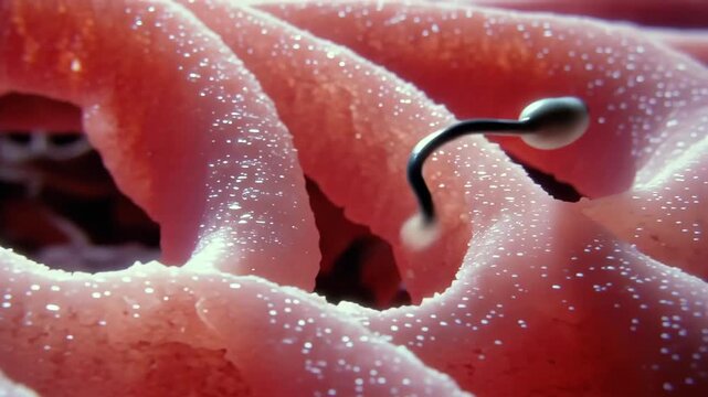 Sperm navigating macro view through microscopic reproductive folds, illustrating motility, fertility biology, conception process, reproductive medicine, semen analysis, medical education footage use