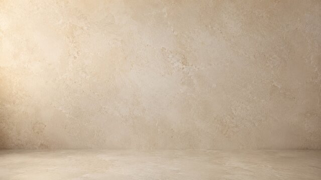 Warm beige greige plaster wall and floor studio background with empty room perspective, neutral textured photo backdrop for product display, minimal mockup scene and soft copy space