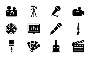 Fototapeta premium Creative Media Icons Set: Camera, Microphone, Film Reel, Paintbrush, Clapperboard, Color Swatch