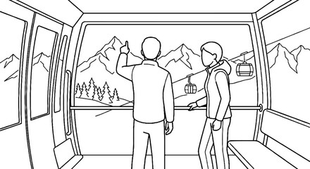 Obraz premium Two people observing mountain landscape from train window.