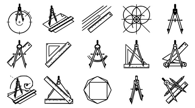 Compass and Geometric Drawing Tools Set with Rulers, Protractors, and Construction Icons for Technical Design