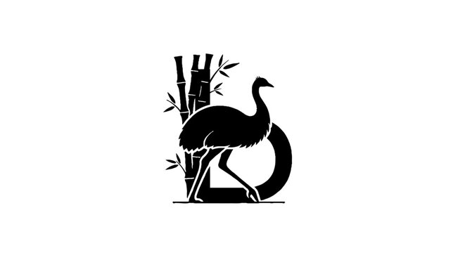 Black and white emu bird illustration with bamboo.