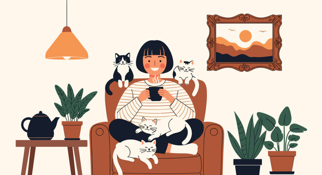Relaxed young woman drinking a cup of hot coffee or tea in a comfortable armchair at home surrounded by four cute pet cats.