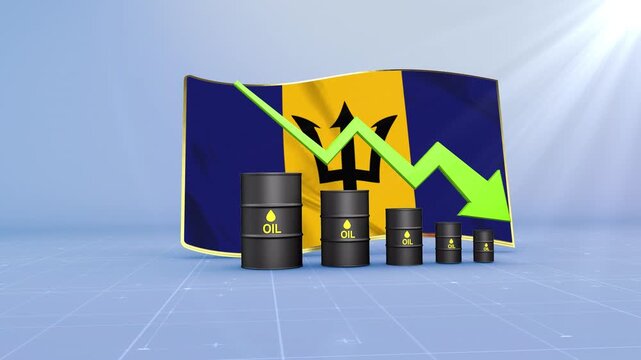 Barbados Crude Oil Price Drop with Oil Barrels Downward Green Arrow and 3D Financial Data Visualization Graphs for Economy and Business Concept