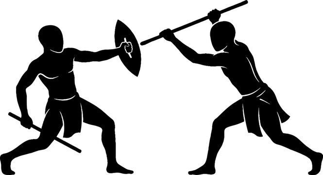 Ancient warriors engaged in fierce battle with spears and shields.