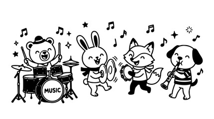 Naklejka premium Music Animals Cartoon Set with Drum Panda, Bunny Dancer, Cat Performer, and Fish Guitarist for Playful Sound Icons