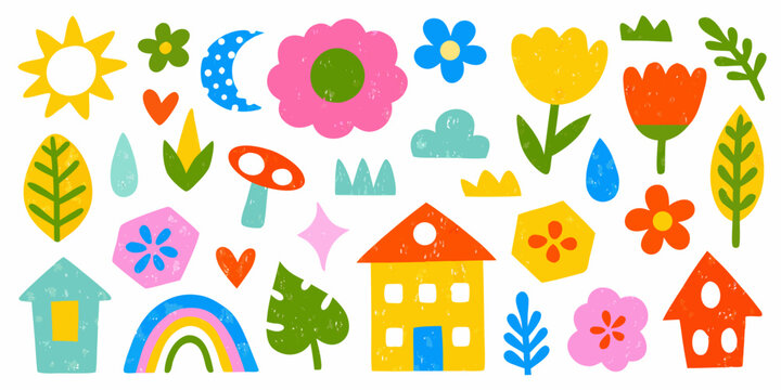 Hand Drawn Floral And Architectural Pattern With Colorful Shapes