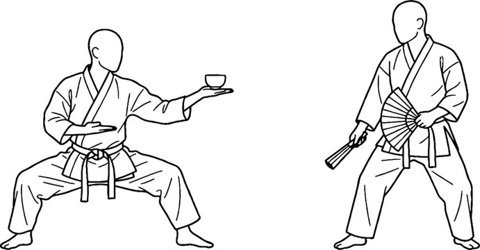 Two martial artists in traditional karate uniforms posing.
