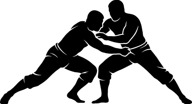 Two wrestlers locked in intense grappling match.