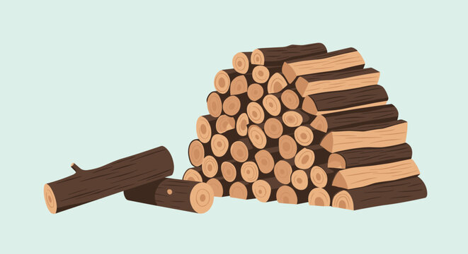 Neatly chopped wooden logs are stacked in a large pile outdoors to be used as firewood for heating during the cold winter.