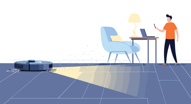 Modern smart home concept features a robot vacuum cleaner sweeping the floor while a man works on a laptop in a living room.