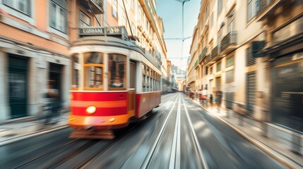 Fototapeta premium Tram moving through historic city center, motion blur effect.