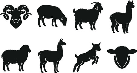 Farm animal black silhouette vector icons featuring sheep, goat, ram, alpaca, and llama for agriculture design © Rina