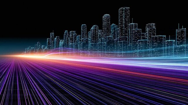 Futuristic smart city night view with digital light trails, urban high-tech development concept, data transmission and high-speed network background, modern city architecture with energy flow, technol