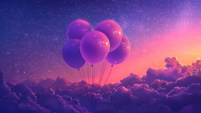 Magical universe balloons floating over luminous purple clouds banner
