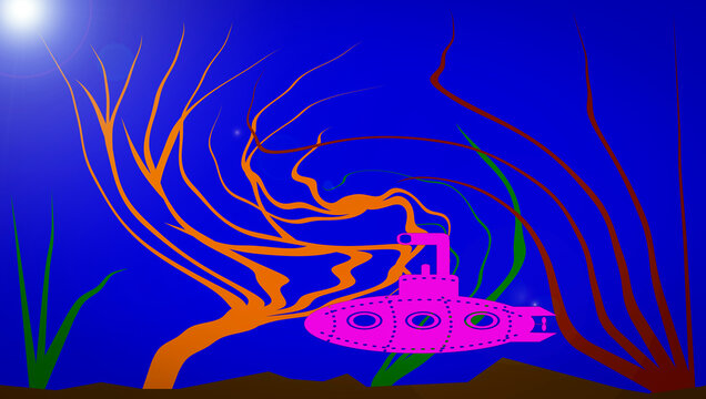 Fondo marino con algas de distintos colores con un submarino rosa.